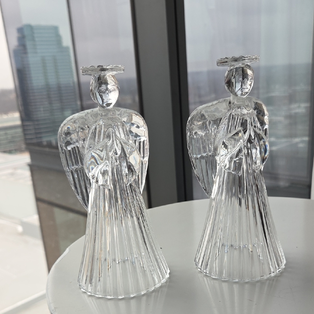 Mikasa Vintage Crystal Clear Glass Praying Angel Candle Holders MCM